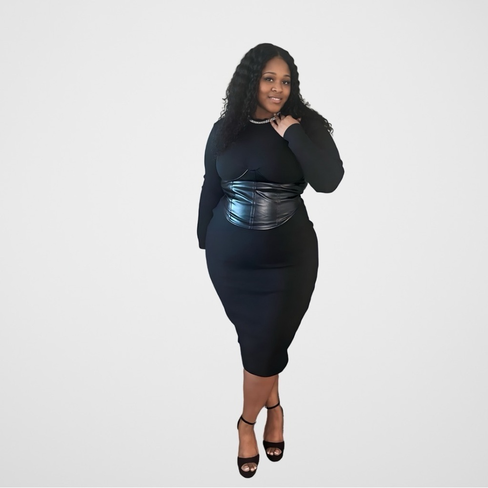 Chic Black Long Sleeve Midi Dress with Leather Corset